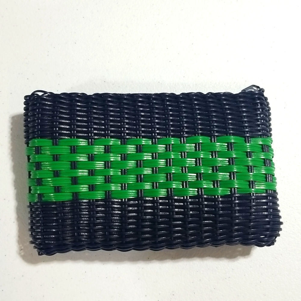 SUENO CANASTAS AND TOTES Green Navy Blue Recycled Woven Plastic Makeup Bag